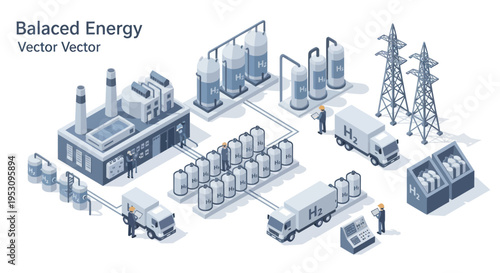 Industrial energy storage and distribution system isometric illustration.