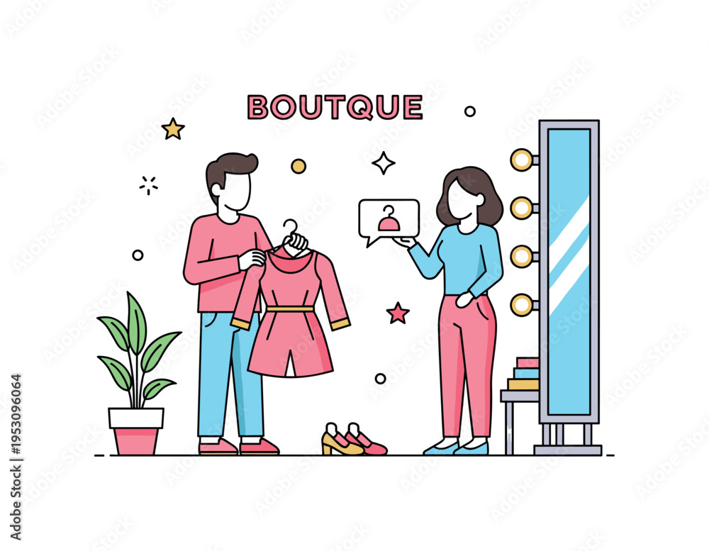 Obraz premium Boutique dressing room scene with a person holding a new outfit on a hanger and a friend giving feedback, illustrating shared experience and fashion