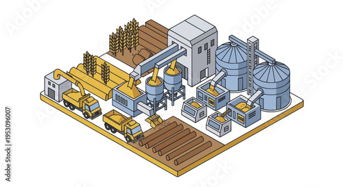 Industrial Factory Complex with Trucks and Silos.