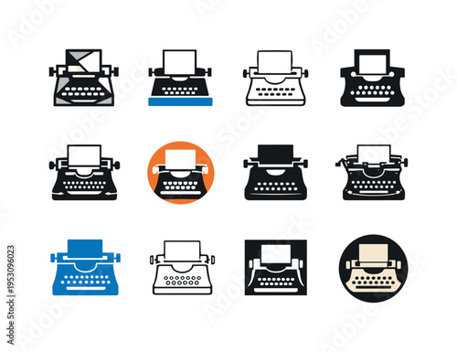 Typewriter scene. Icon set. Set Logo of Typewriter scene: sheet of paper in typewriter. harmonious logo variations of the same emblematic concept, each with