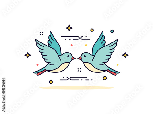 Two birds in synchronized flight with mirrored wing positions, symbolizing balance and partnership. The cohesive badge style scene conveys connection and