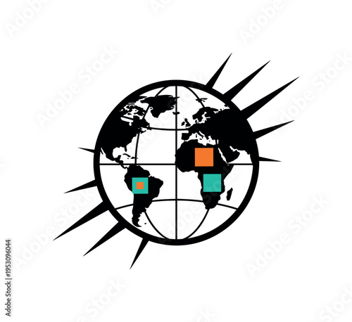 Black and white globe simplified into bold graphic lines, sharp diagonal rays and thin latitude grids crossing the sphere, vivid orange and teal flat geometric