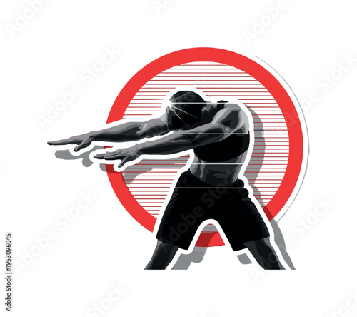 A black and white athlete stretching forward in a warm-up pose, layered with a bold red circular frame behind the torso and thin horizontal lines suggesting