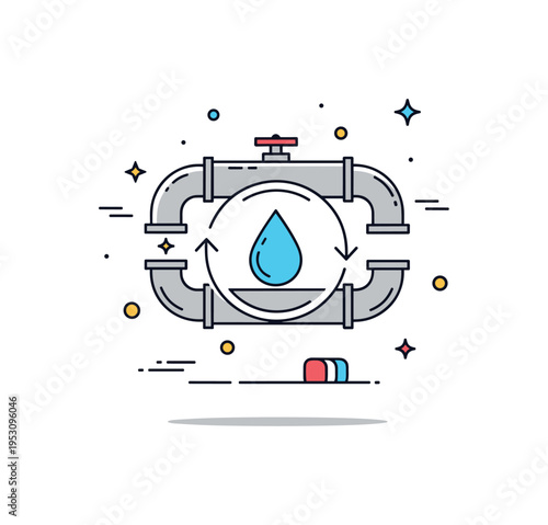 Efficient water management system represented by interconnected pipes forming a subtle circular loop with a droplet icon in the center, symbolizing