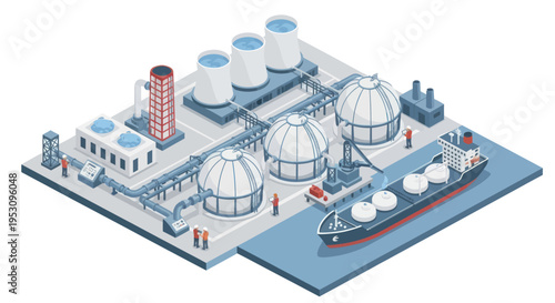 Industrial LNG plant with storage tanks and ship for transport.