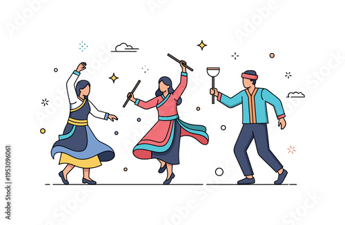 People involved in cultural traditions performing a colorful traditional dance with flowing costumes and joyful expressions, celebrating heritage, community,