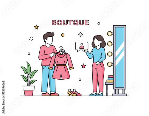 Boutique dressing room scene with a person holding a new outfit on a hanger and a friend giving feedback, illustrating shared experience and fashion