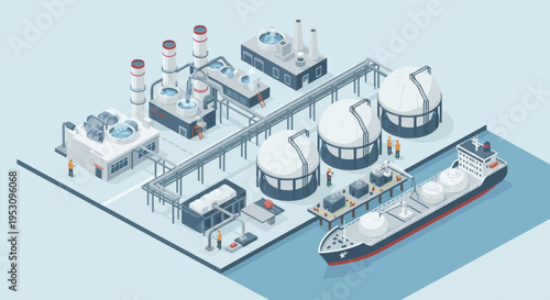 Industrial Liquefied Natural Gas LNG Facility with Ship.