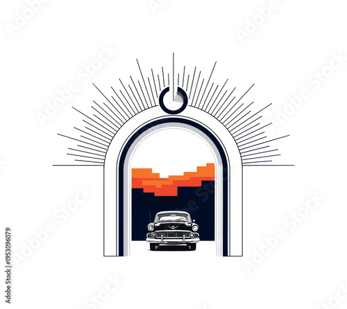 Black and white vintage car framed by abstract geometric arch suggesting a scenic viewpoint, semicircles and linear rays emphasizing openness, vivid orange and