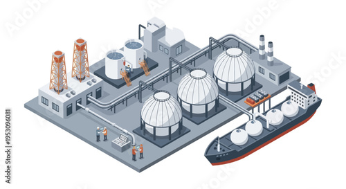 Industrial LNG plant with storage tanks and transport ship.