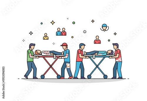 Wounded victims with supportive bystanders helping to lift them onto stretchers, highlighting collaboration and immediate human care. Minimalist flat vector