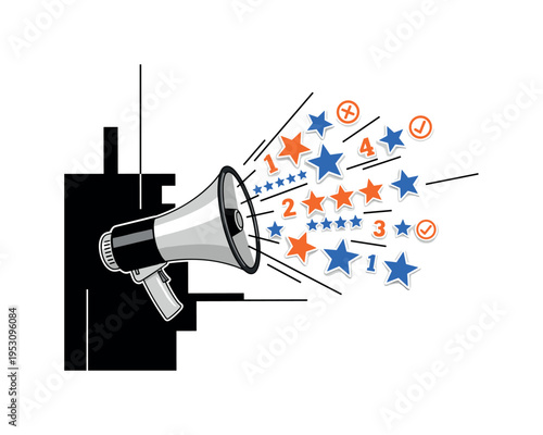 A monochrome megaphone emitting geometric stars and circular rating icons instead of sound, bold flat blocks and thin lines amplifying the composition, retro