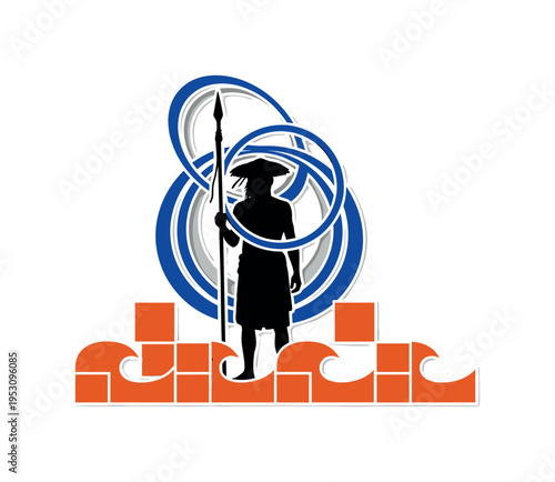 Monochrome silhouette of an islander fisherman holding a spear, intersected by abstract circular halos symbolizing heritage, structured geometric blocks