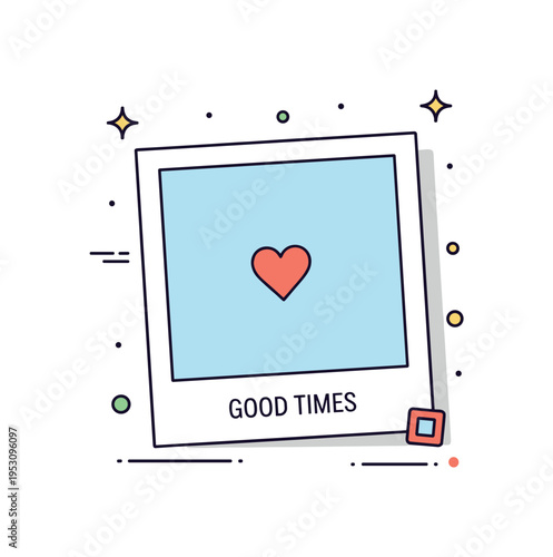 Instant memory capture square photo frame with a tiny heart icon inside and a subtle caption reading Good Times. A warm editorial badge about preserving