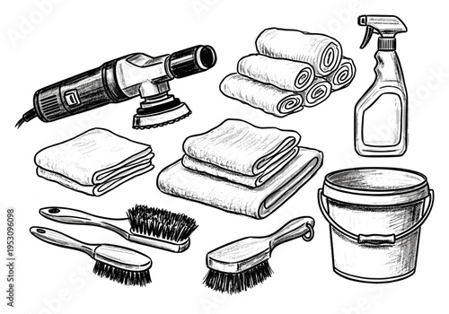 Car detailing tools and supplies for a spotless finish, hand-drawn illustration