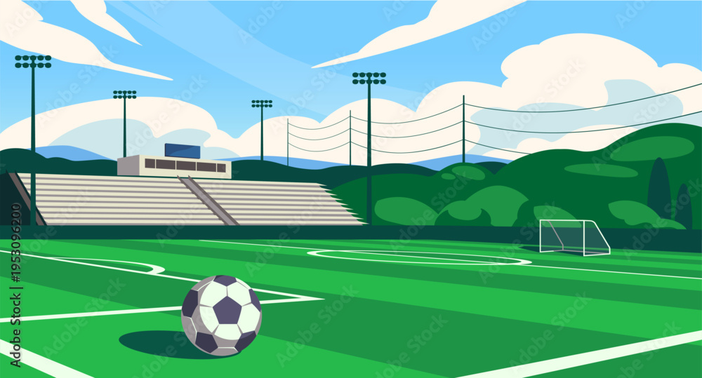 Fototapeta premium Football field. Soccer field with ball, stands, green grass and gate. Field for sports games and competitions. Design element for banner or poster. Cartoon Flat vector illustration