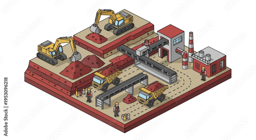 Obraz premium Industrial mining operation with excavators and trucks.