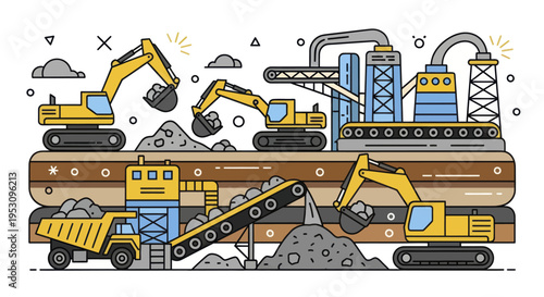 Industrial mining operation with excavators and trucks.