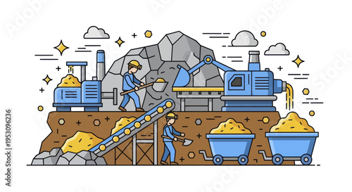 Industrial mining operation with workers and machinery processing ore.