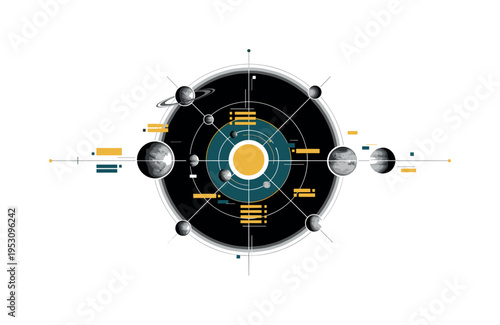 Black and white orbital diagram with planets represented as textured monochrome spheres, intersected by thin linear axes and abstract rectangular data blocks,