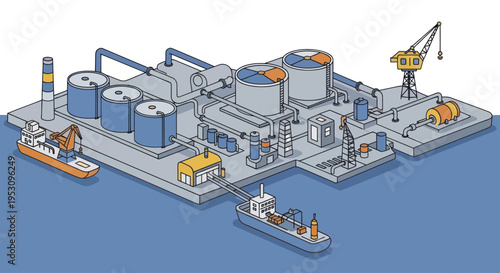 Industrial offshore platform with storage tanks and ships.