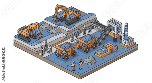 Industrial mining operation with heavy machinery and workers.