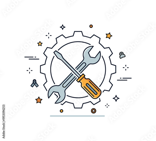 Tooling and equipment crossed wrench and screwdriver centered inside a subtle gear outline, expressing reliability and technical expertise. A strong editorial