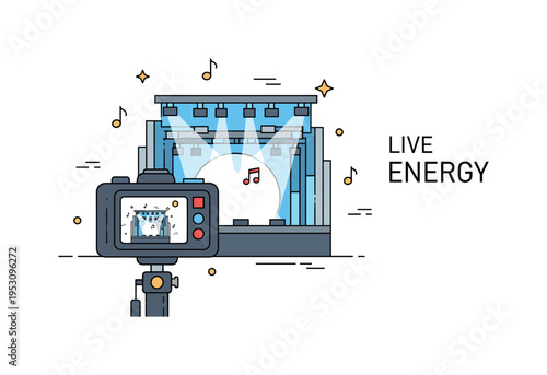 Concert festival snapshot illustrated by a raised camera capturing a stage with spotlight beams and small music note accents. A compact ?Live Energy? label