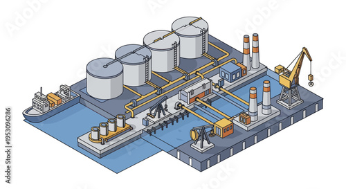 Industrial Oil Refinery and Storage Facility with Ships and Cranes.