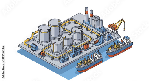 Industrial Oil Refinery Complex with Ships and Cranes.