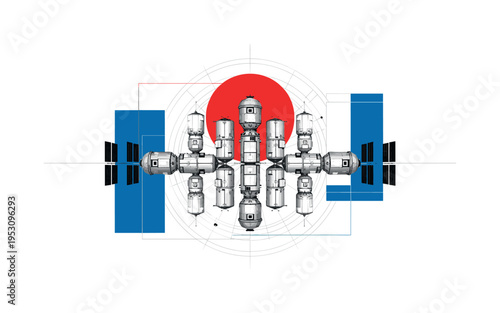 Black and white top-down schematic view of multiple rectangular station modules arranged symmetrically, bold red semicircle anchoring upper composition, thin