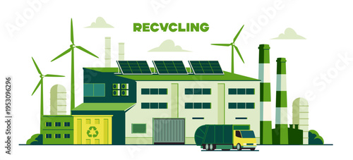 Green waste recycling plant. Eco factory with solar panels, pipes, and waste management building. Sorting and recycling garbage to preserve nature. Flat vector illustration isolated on background