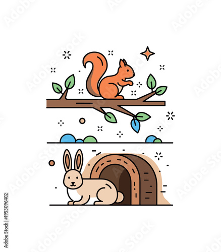 Small wildlife habitat overview illustrated by a simple split scene showing a tree branch for a squirrel above ground and a burrow tunnel for a rabbit below,