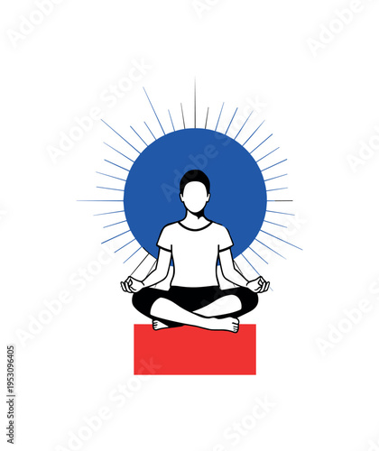 Black and white person sitting cross-legged in meditation pose, bold blue circular halo expanding outward, red rectangular accent beneath to ground posture,