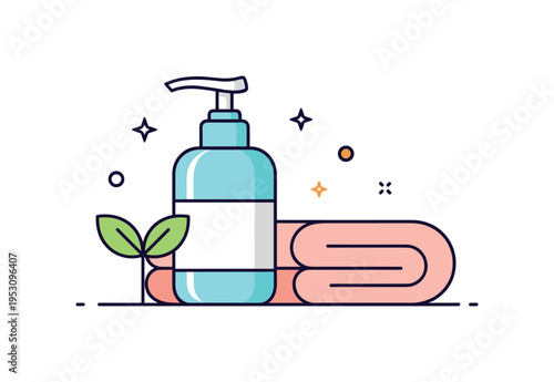 Clean beauty routine pump bottle and folded towel arranged beside a small plant sprout icon. A fresh editorial illustration about daily wellness habits and