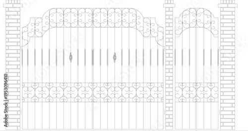 Technical architectural elevation drawing showing ornate double gate and pedestrian gate with arched tops, scrollwork, vertical bars and brick pillars.