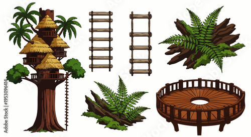 Set of tropical treehouses, wooden ladders, ferns, and a circular platform, isolated on white background