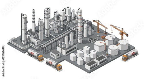 Industrial Oil Refinery Complex with Storage Tanks and Trucks.