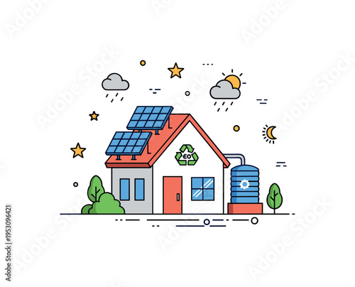 Sustainable resilient architecture illustrated by a compact eco home with solar panels and a rainwater tank, while subtle weather symbols around it suggest