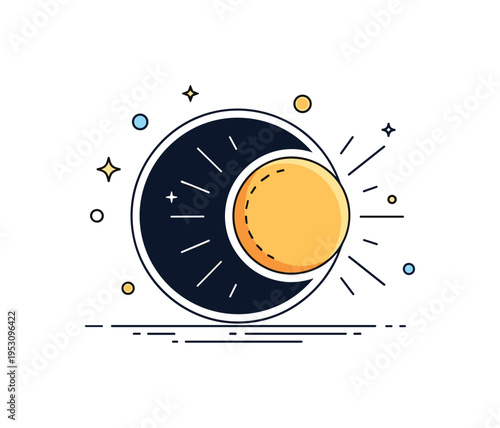 Solar eclipse scene featuring a dark circular silhouette partially covering a bright sun with soft radiating lines, expressing dramatic celestial alignment in