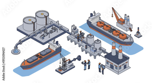 Industrial port facility with ships and storage tanks.
