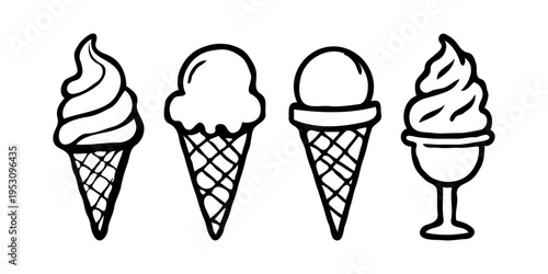 Four different hand-drawn ice cream designs in black outline style on a white background, showing various cone and cup dessert styles