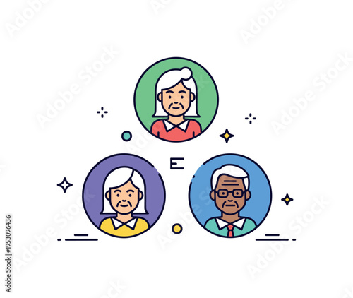 Community across generations concept featuring three circular portrait icons arranged in a triangle formation, expressing equality and collective identity
