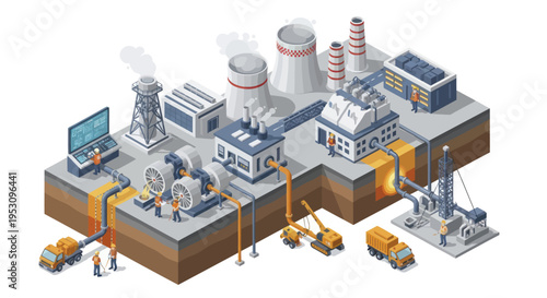 Industrial Power Plant and Energy Production Facilities Isometric View.