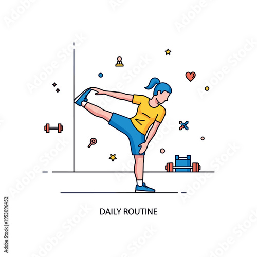 Home workout stretching scene centered on a relaxed athlete performing a calf stretch against a simple wall line. Tiny fitness icon accents and a ?Daily