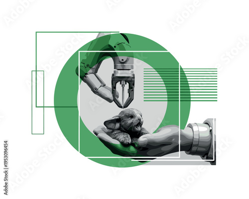 Monochrome close-up of a robotic arm carefully supporting a small animal, intersected by a bold green arc and thin horizontal stripes suggesting precision and