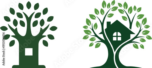 Eco friendly tree and house logo design representing nature, sustainability, green living and environmental protection isolated on white background