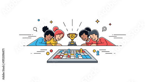 Competitive board game moment friends leaning forward with subtle motion lines around a central game board and a small trophy icon. A cheerful editorial