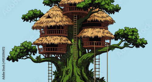 Whimsical Treehouse Village with Thatched Roofs and Rope Ladders, Fantasy Architecture Illustration