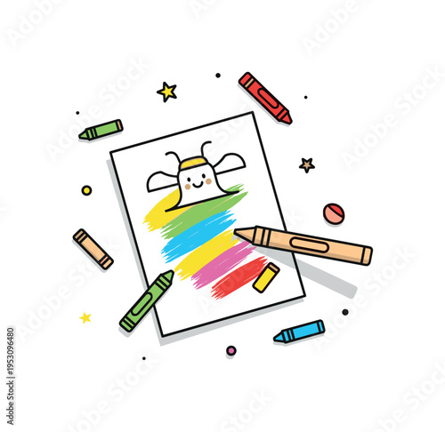 Drawing with crayons on a sheet of paper with bright colorful strokes, small scattered crayons around, conveying playful creativity and childhood imagination.
